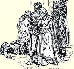 Theoderich der Große als Dietrich von Bern in der Nibelungensage / er bringt Kriemhild und König Etzel vor der Metzelei der Burgunden in Sicherheit